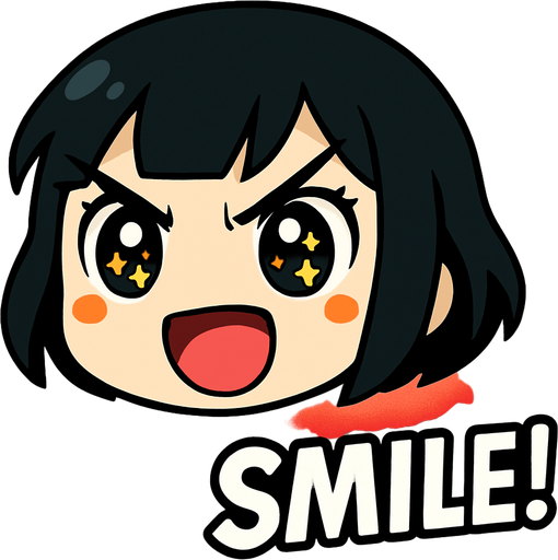Haz una animación en la que solo se vea su cara recortada, un aura de energía roja rodeándola, y que aparezca como una viñeta que demuestre que está a punto de hacer su acción definitiva. Que escriba la palabra SMILE! abajo a la derecha. La imagen debe tener un fondo color gris