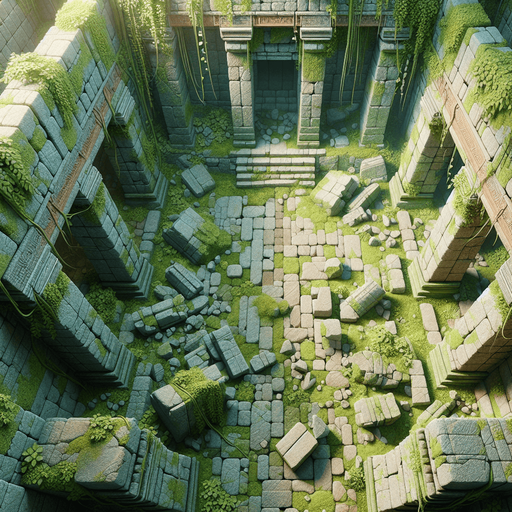 A top-down view of jungle ruins with moss-covered stone walls and floors. The floor is scattered with vines and broken pillars. Each wall has an entrance centered in the middle, resembling natural archways positioned on the top, bottom, left, and right. Sunlight filters through, illuminating the room softly..
Full-frame, top-down view of jungle ruins. Moss-covered stone walls and floors, vines, broken pillars. Open natural archways centered on each wall: top, bottom, left, and right. Soft sunlight, no perspective distortion.