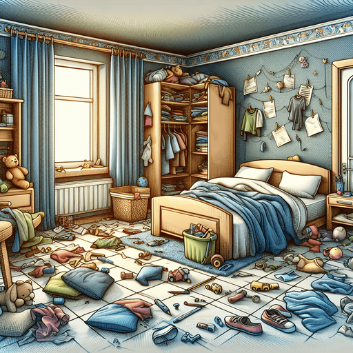 dağınık bir yatak odası, odanın içinden görünüm 3d renkli, çizgi film