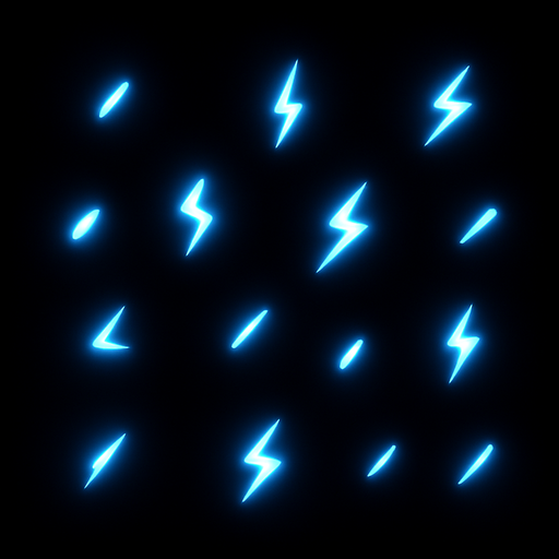 Tiny, electric-like sparks

```
- Shape: Small line/dash or tiny lightning bolt
- Color: Bright cyan (#00FFFF) or electric blue (#0088FF)
- Intensity: Very bright, almost overexposed look.
In-Game asset.  2d.  High contrast.  No shadows