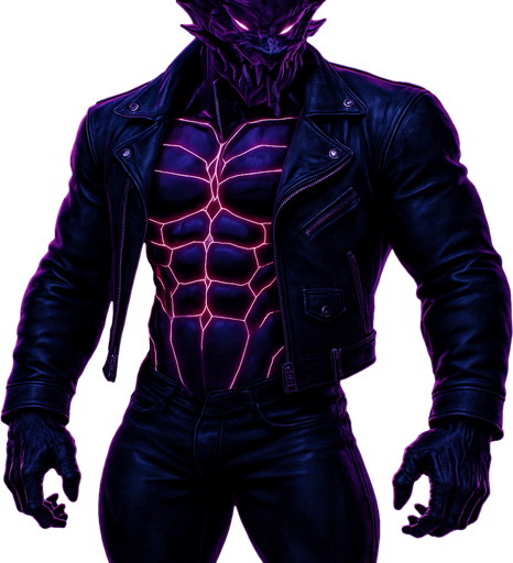 Black leather biker jacket longsleeves bare segmented neon cyberpunk pecs abs muscles robot monster hunk