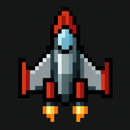 Top down 2d pixilated spaceship.
In-Game asset.  2d.  High contrast.  No shadows