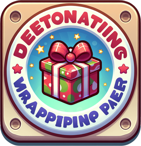 Icon for a explosive present, on a circle, with the text „detonating wrapping paper“ at top, cartoon Single Game Texture. In-Game asset. 2d. Blank background. High contrast. No shadows.