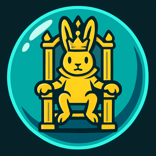 a bubble with a golden king rabbit inside sitting in a throne.
In-Game asset.  2d.  High contrast.  No shadows