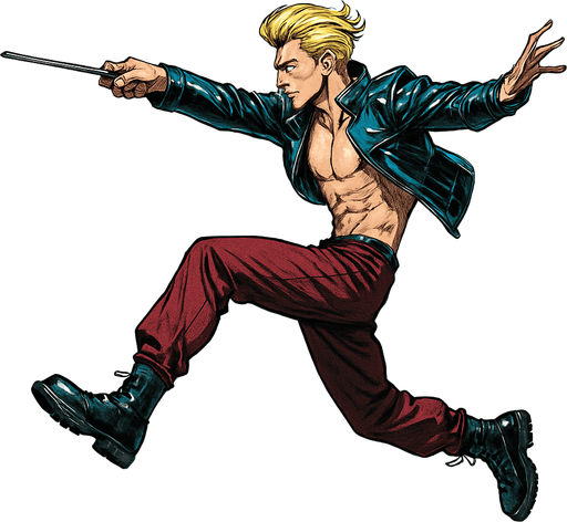 Swishy graceful man Cyberpunk manga, wand pointed straight ahead, arm extended, jump attack, side profile view attack animation, shiny black leather biker jacket longsleeves shirtless Skinny abs blonde pompadour guy, action shot wine red joggers combat boots, Background removed, "Full-body character, entirely in frame, no cropping of face, head, or feet" "Complete character visible, from head to toe, fully centered in the image" "Entire character, including face and boots, fully within the frame" Character fully contained within a square frame, no edges cut off fashion model running pose