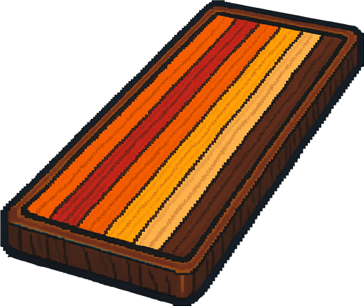 A long rectangular wooden cutting board counter with different colored laminated wooden strips. Top down view. 80s arcade machine graphics..
In-Game asset.  2d.  High contrast.  No shadows