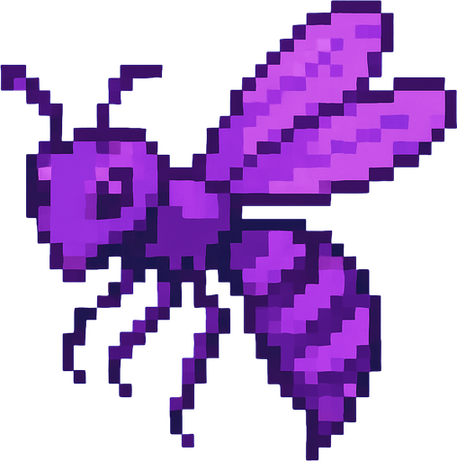 Genera una imagen de una avispa no terroríficas, pixel y que sean moradas. Que sea corrupta
In-Game asset.  2d.  High contrast.  No shadows