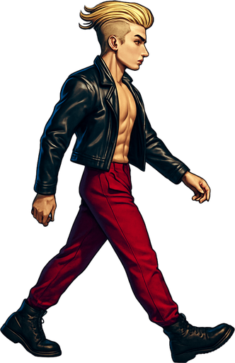 Walking Front arm in front of body, front leg extended behind, back leg in front, limbs positions swapped, Swishy graceful man Cyberpunk manga, side profile view walking animation, shiny black leather biker jacket longsleeves shirtless Skinny abs blonde pompadour guy, wine red joggers combat boots, Background removed, "Full-body character, entirely in frame, no cropping of face, head, or feet" "Complete character visible, from head to toe, fully centered in the image" "Entire character, including face and boots, fully within the frame" Character fully contained within a square frame, no edges cut off fashion model idle pose