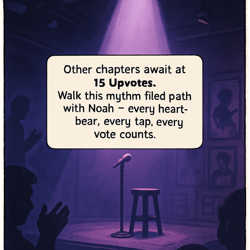 A vertical cinematic scene in a semi-realistic comic style with white photo-like borders. In the center, a spotlight shines down on a small empty stage inside a dimly lit club, hinting at anticipation. The atmosphere is emotional and moody, using purples and blues. A soft glow surrounds the narrator box in the center, which reads: “Other chapters await at 15 Upvotes. Walk this rhythm-filled path with Noah — every heartbeat, every tap, every vote counts.” The narrator box is rectangular with rounded edges, resembling a classic comic caption box. Background elements suggest quiet support — maybe a shadowy figure clapping, or faint posters of Noah. No characters shown clearly, just a stage awaiting the next act..
In-Game asset.  2d.  High contrast.  No shadows