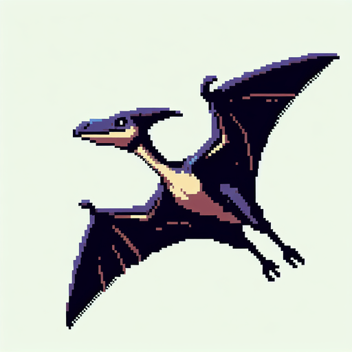 pixel art pterodactyl flying.
Single Game Texture. In-Game asset. 2d. Blank background. High contrast. No shadows.