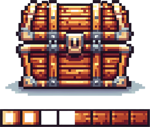 A wooden treasure chest.  Front view. Pixel art..
Single Game Texture.  In-Game asset.  2d.  Blank background.  High contrast.  No shadows
