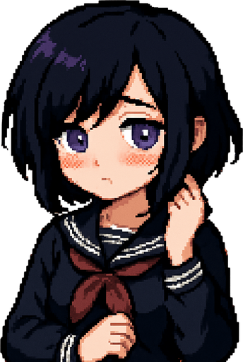 A cute anime-style girl depicted in pixel art, with an emo aesthetic and striking purple eyes. She's wearing a classic Japanese school uniform (sailor fuku). She has a shy expression, with blushing cheeks and an averted gaze. Her left hand is playing with her hair, while her right hand rests on her chest. In the background, there's a typical anime-style classroom.