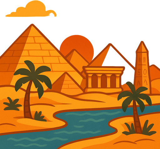 A desert cartoon-style background with pyramids, palm trees, and the Nile river. Add warm sunset tones and Egyptian architectural elements. Great for an Oud-based level..
In-Game asset.  2d.  High contrast.  No shadows