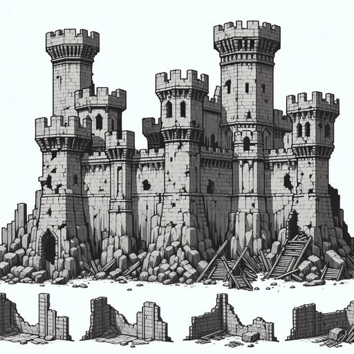 Château fort détruit.
Single Game Texture. In-Game asset. 2d. Blank background. High contrast. No shadows.