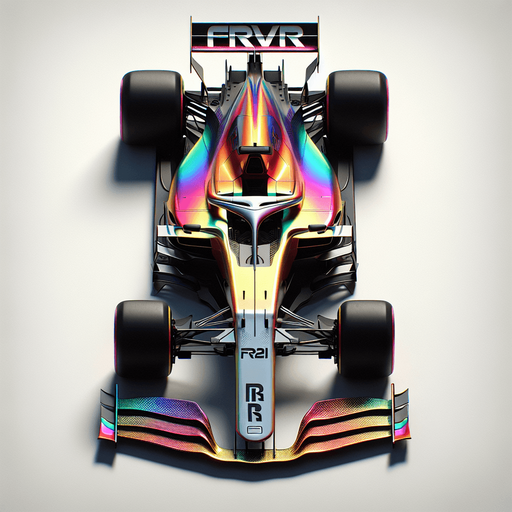 Full-length F1 concept race car IN TOP VIEW! 
Rainbow coloured Gradient paint on body. "FRVR" text..
Single Game Texture. In-Game asset. 2d. Blank background. High contrast. No shadows.