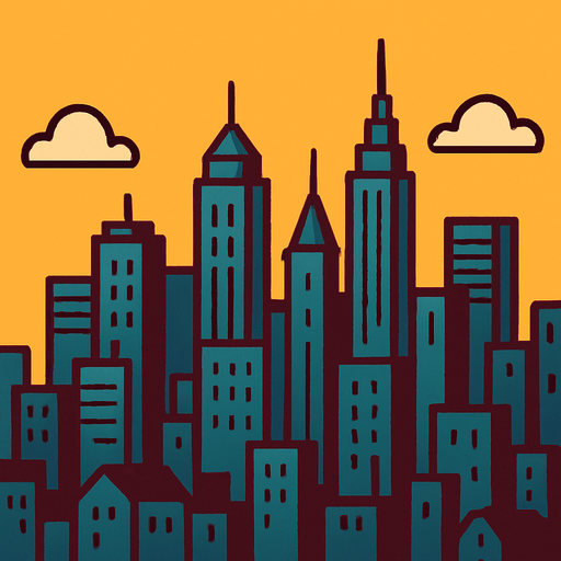 fondo de una ciudad a la distancia.
In-Game asset.  2d.  High contrast.  No shadows