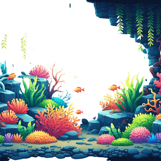 undersea olants rocks etc but no fish.
Single Game Texture. In-Game asset. 2d. Blank background. High contrast. No shadows.