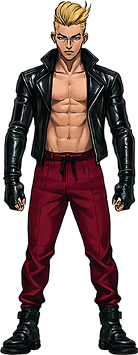 Idle animation, sleek graceful man Cyberpunk manga, facing forward idle pose shiny black leather biker jacket longsleeves shirtless Skinny abs blonde pompadour guy, action shot wine red joggers combat boots, Background removed, "Full-body character, entirely in frame, no cropping of face, head, or feet" "Complete character visible, from head to toe, fully centered in the image" "Entire character, including face and boots, fully within the frame" Character fully contained within a square frame, no edges cut off fashion model pose