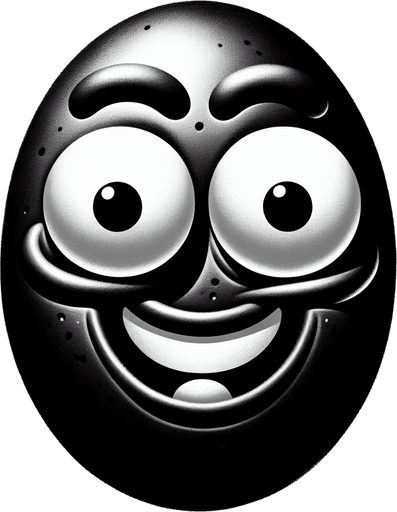 a black oval with a funny  face.