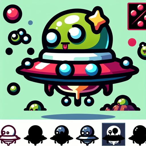 a goofy ufo.
Single Game Texture.  In-Game asset.  2d.  Blank background.  High contrast.  No shadows