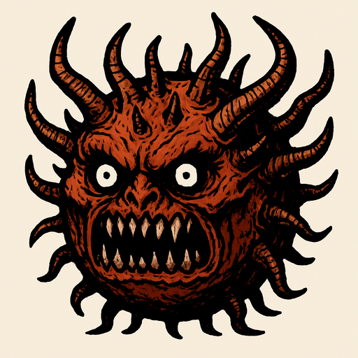 un demonio bola grande 2d y semi realista con muchos cuernos y que sus ojos sean negros con pupilas blancas.
In-Game asset.  2d.  High contrast.  No shadows