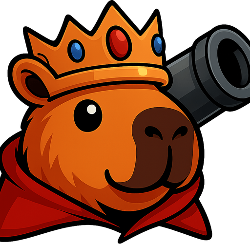 Quitale la resortera y el casco. Añadele una corona de rey con gemas. Añade tambein una capa roja. Agrega en la parte de atras un cañon. Dame la imagen sin fondo.