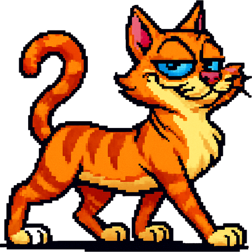 Gato con el estilo pixel art de earthworm jim mezcla con ren y stimpy, gracioso y soberbio pero adorable, caminando en cuatro patas, alto , visto de perfil, es un gato bellisimo de exposicion con pelaje suave y el lo sabe
In-Game asset.  2d.  High contrast.  No shadows