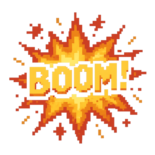 A Boom! explosion, pixel retro style.
In-Game asset.  2d.  High contrast.  No shadows