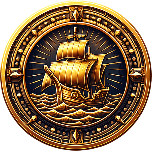 a single shining yellowish golden coin with the boat  on it.
Single Game Texture.  In-Game asset.  2d.  Blank background.  High contrast.  No shadows