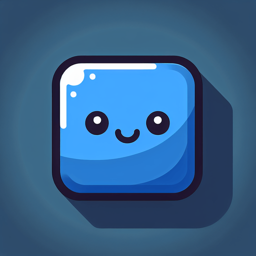 Perfectly square bright dark blue game piece with cute happy face. Cartoon style. Cute art style. Simple vector style. No Shadows. Single Game Texture. In-Game asset. 2d. Blank background. High contrast. No shadows..