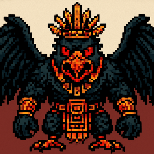 Genérame una Zopilote Rey guerrero azteca con eso patrones, estilo pixelar, con una apariencia maligna, ojos rojos, rabioso. Unidad aerea con alas. Animal.
In-Game asset.  2d.  High contrast.  No shadows
