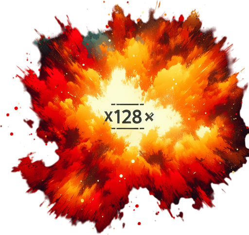 爆炸，里面有“X128”的字样,暖色调.
Single Game Texture. In-Game asset. 2d. Blank background. High contrast. No shadows.