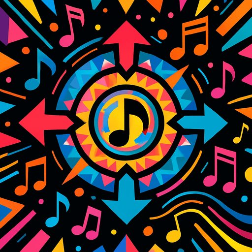 Game design for Kaleidoscope of Music Rhythm without game title, just the design for opening screen background.
In-Game asset.  2d.  High contrast.  No shadows