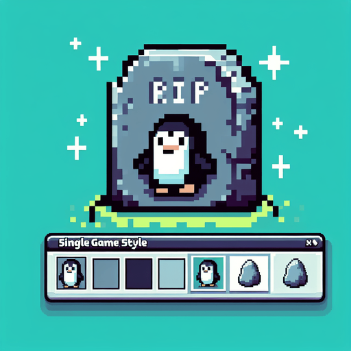 penguin RIP stone. pixelated. 8 bit. Single Game Texture. In-Game asset. 2d. Blank background. High contrast. No shadows.