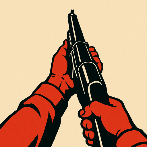 A shotgun with a first person view of somebody holding it.
In-Game asset.  2d.  High contrast.  No shadows