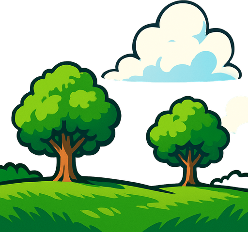 mavi gökyüzü beyaz bulutlar ve yeşil bir çimenlik ve  2 adet ağaç.
In-Game asset.  2d.  High contrast.  No shadows