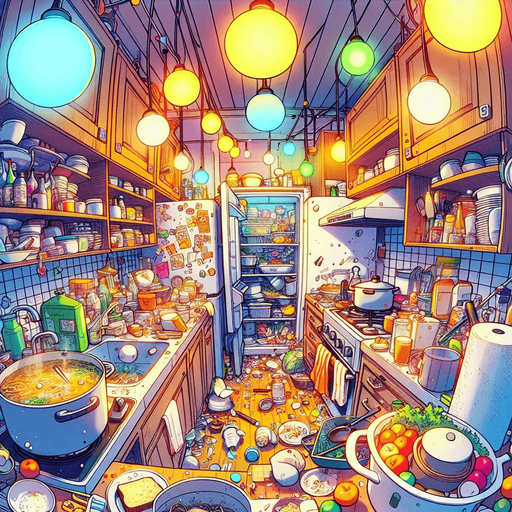 dağınık bir mutfak, odanın içinden görünüm. 3d renkli anime, çizgi film