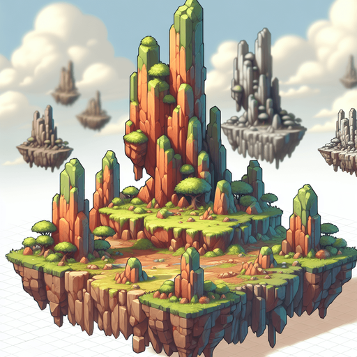 Taller stones green,brown,orange, HD, blur, light, sharp stones, floating Island, real 
background.
Single Game Texture. In-Game asset. 2d. Blank background. High contrast. No shadows.