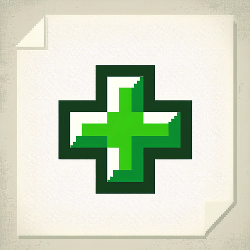 green plus sign. Single Game Texture. In-Game asset. 2d. Blank background. High contrast. No shadows. pixelated. 8 bit