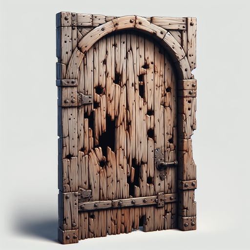 a crooked door with holes in it.
Single Game Texture. In-Game asset. 2d. Blank background. High contrast. No shadows.