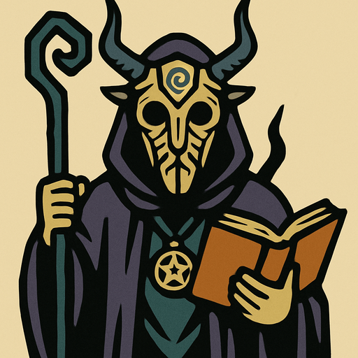 Mor perelinli bir büyücü yüzünde bir pagan maskesi var.
In-Game asset.  2d.  High contrast.  No shadows