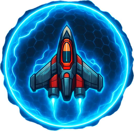 A 2D sci-fi energy shield around a space fighter ship, glowing with electric blue and cyan hues, forming a semi-transparent spherical barrier with pulsing light, subtle hexagonal patterns, and animated energy ripples. The shield should look powerful and futuristic, slightly reflective, and designed for a top-down space shooter game. Transparent background, digital art, perfect for sprite-based visual effects..
In-Game asset.  2d.  High contrast.  No shadows