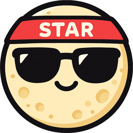 una luna redondita kawai con lentes de sol, en su frente lleva una sinta que dice STAR.
In-Game asset.  2d.  High contrast.  No shadows