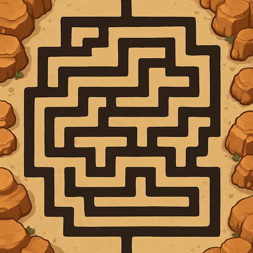 Top-down map asset for a TD game. Imagine a single, contiguous ribbon laid across a canyon floor; this ribbon is the path. It is a unicursal maze, meaning it's a single, non-branching route that twists through the map in a complex, grid-like pattern. The path has absolutely no junctions or alternative routes. The path starts at the top-middle edge and the very same path ends at the bottom-middle edge. The path is flanked by wide, flat, sandy plateaus that are completely barren for building. The map is framed by large, decorative sandstone formations pushed to the far edges, which do not intrude on the central play area. Semi-realistic style. --no towers, no buildings, no characters, no junctions.
In-Game asset.  2d.  High contrast.  No shadows