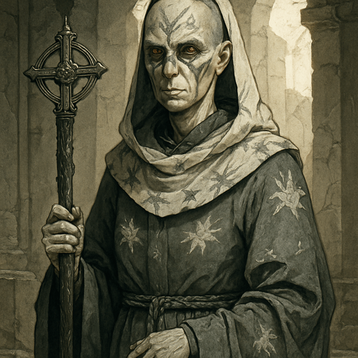 A solemn female cleric in soot-gray robes adorned with ash motifs and sun-bleached fabric. 39 years old, with a thin, gaunt frame, shaved head except for a braided black topknot, pale skin, and glowing amber eyes. Ash marks are smeared across her face in ritual patterns. Holding a prayer staff made of burned oak and silver. She stands in a scorched temple, sunlight breaking through cracked stone. Realistic, highly detailed, sacred atmosphere. realistic.
In-Game asset.  2d.  High contrast.  No shadows