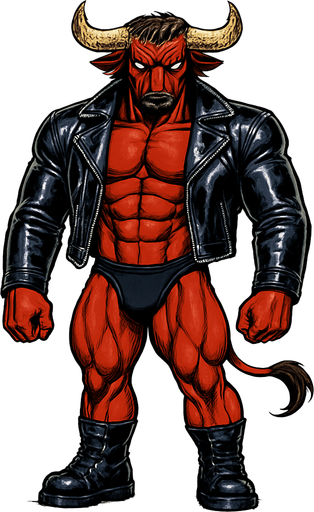 idle animation hunky Minotaur man Cyberpunk manga, minotaur monster hunk, shiny black leather biker jacket longsleeves shirtless muscles, jockstrap combat boots, Background removed, "Full-body character, entirely in frame, no cropping of face, head, or feet" "Complete character visible, from horns to hooves, fully centered in the image" "Entire character, including face and boots, fully within the frame" Character fully contained within a square frame, no edges cut off fashion model idle pose