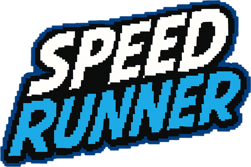 letras que dicen speed runner las letras speed tienen un color blanco con contorno negro y las letras runner un color celeste con un contorno azul todo hecho con pixeles y con una cursiva.
In-Game asset.  2d.  High contrast.  No shadows