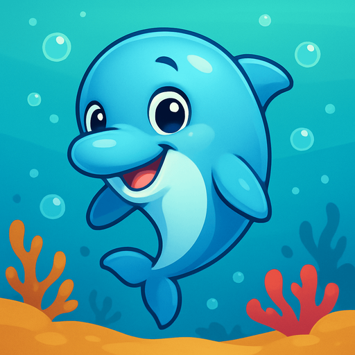 A cute cartoon-style dolphin character designed for a mobile game. Smooth, shiny skin, big round eyes full of curiosity, a friendly smile, and a playful pose as if leaping or floating in water. Light blue or aqua color with soft highlights, small flippers, and a sleek body. Joyful and approachable expression. Simple, colorful underwater background with bubbles and coral. High-quality digital illustration, perfect for a kids game..
In-Game asset.  2d.  High contrast.  No shadows. cartoon style