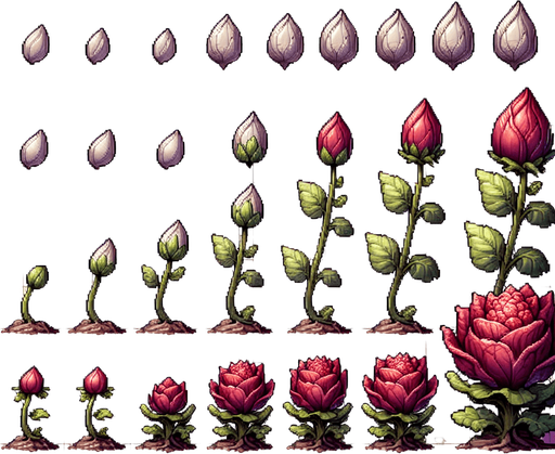 A spritesheet showing a pointed red cabbage plant in various stages of germantion and groth, from seed over sapling, to bloom and to full grown plant, and then the ripe cabbage. The sprites should be laid out in a rectangular grid with blank space between them.. Single Game Texture. In-Game asset. 2d. Blank background. High contrast. No shadows..
Single Game Texture. In-Game asset. 2d. Blank background. High contrast. No shadows.