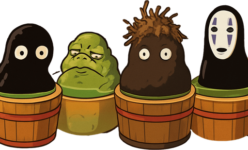 Japanese circle bath have different stink spirits from movie "spirited away". each one per bath. HD colors.
In-Game asset.  2d.  High contrast.  No shadows